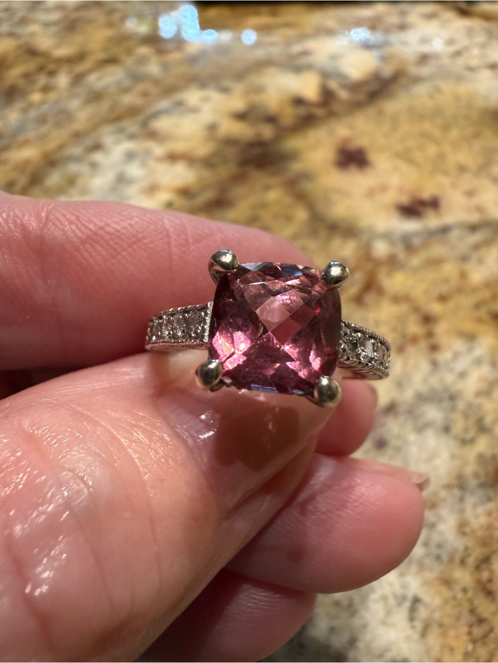 Pink Cushion-Cut Crystal Ring with Pavé Band